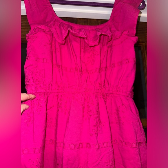 Loft Hot Pink Eyelet Ruffle Square Neck Midi Dress Size SP - Picture 9 of 13